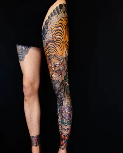 Roaring Tiger Tattoo Design For Leg Men