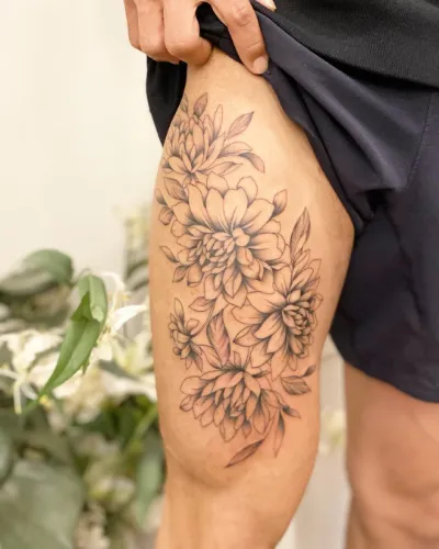 Floral Mens Thigh Tattoo