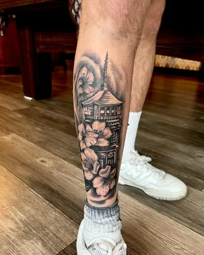 Japenese Front Of Leg Tattoo Mens
