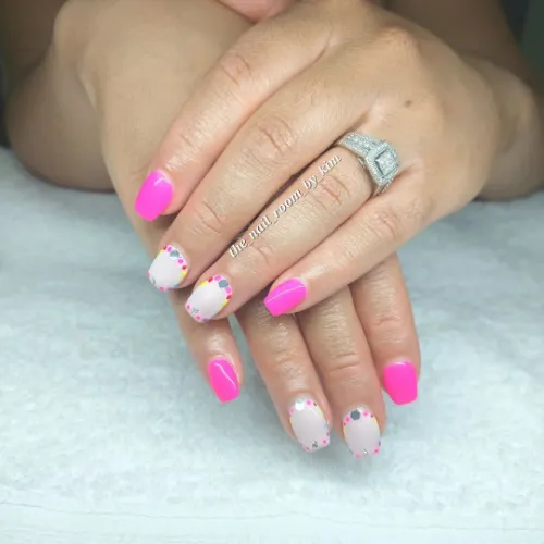 Pink Short Nails With Colorful Glitter