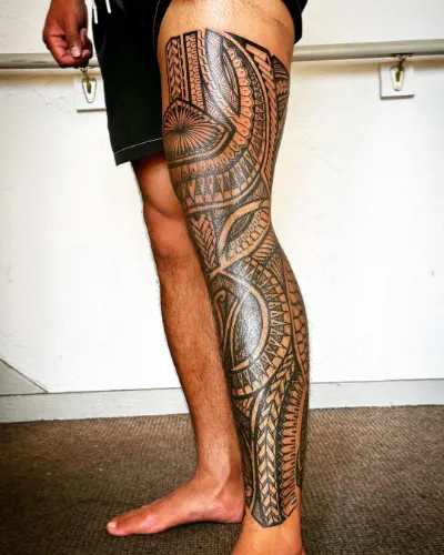 Samoan Black Work Leg Tattoo For Men