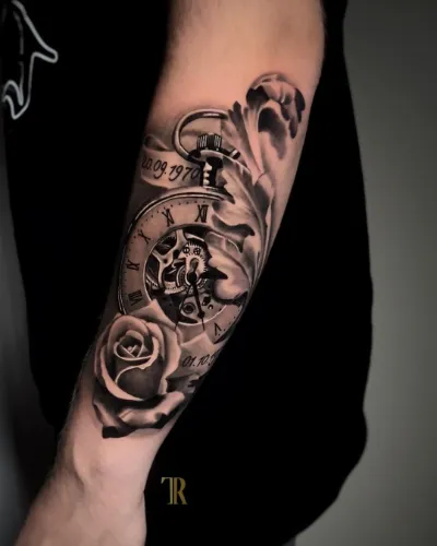Vintage Stop Watch Tattoo For Back Arm