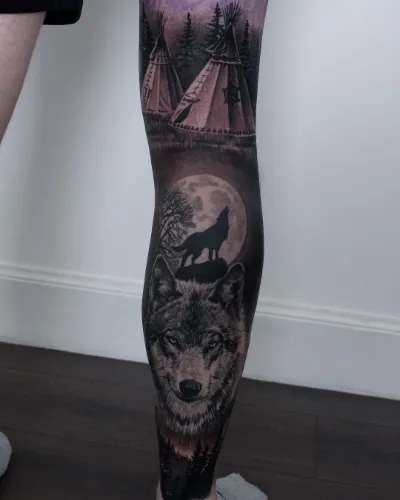 Winter Night Leg Sleeve Tattoo Design