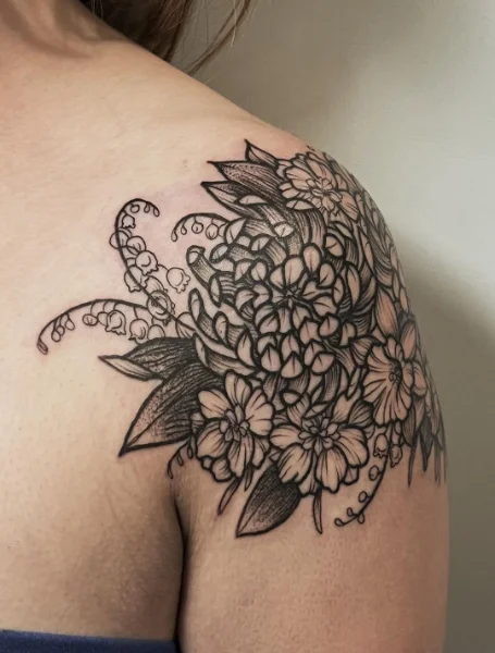 Bouquet Tattoo On Shoulder Cap