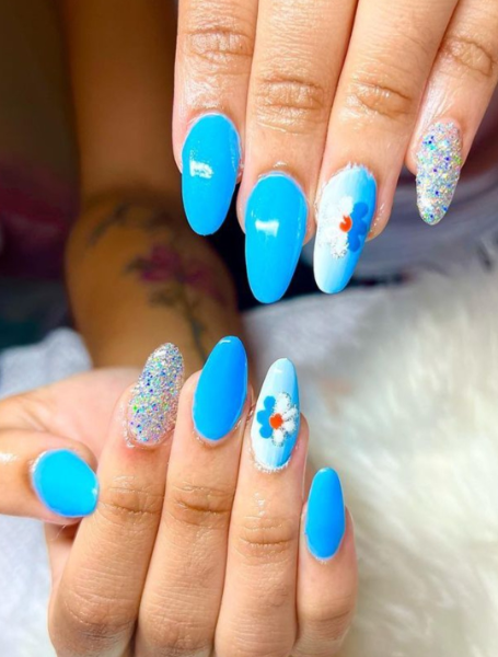 Blue And White Almond Nails