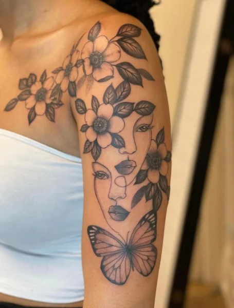 Flower Faces Chest And Shoulder Tattoo For Women