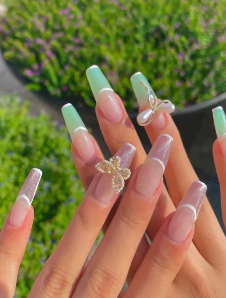Mint French Tip Nails With Jewels