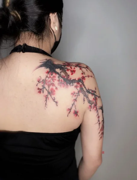 Plum Blossoms Cross Shoulder Tattoo