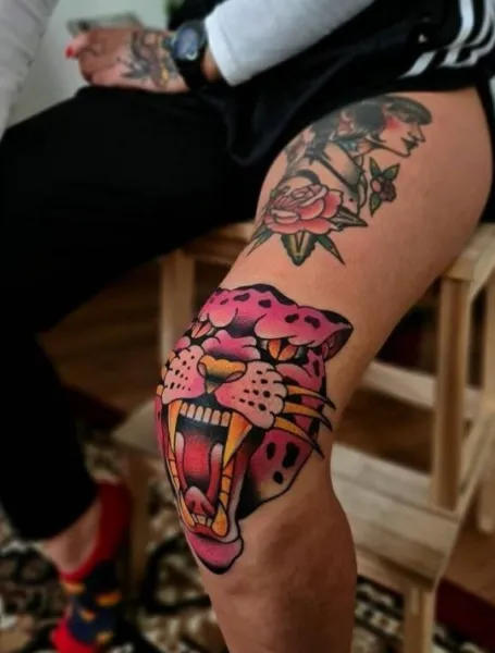 Traditional Tiger Kneecap Tattoo